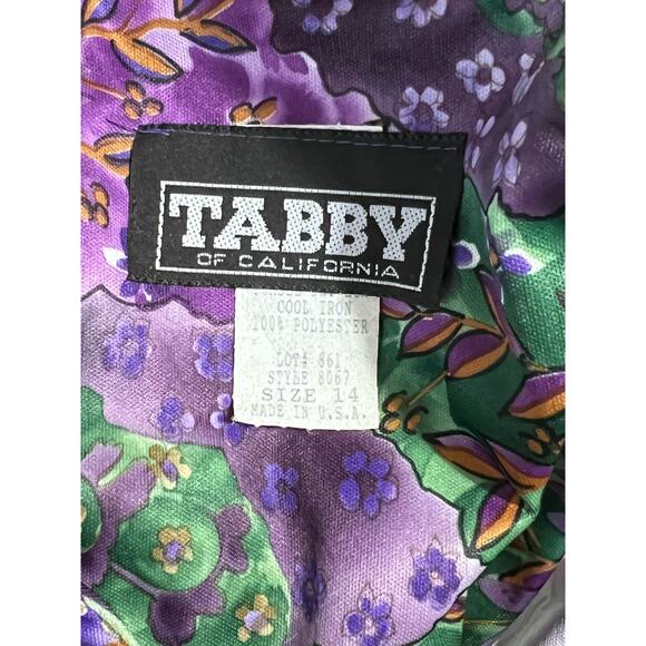 VTG USA Tabby of California Purple Green Abstract Floral Satin Midi Dress 14 - Picture 8 of 9